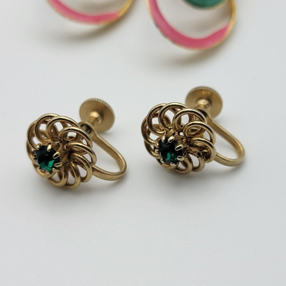 Vintage Clip On/Screw Back Earrings Lot Enamel Crystal Silver Gold Tone 8-Pair - Picture 8 of 10